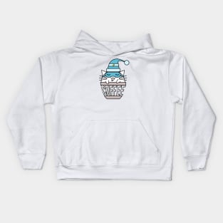 Cat in coffee cup with warped text sleeping blue Kids Hoodie